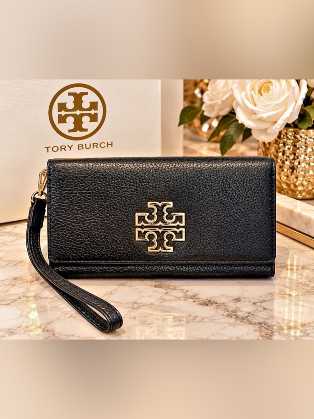 Tory Burch Black Leather Logo Wristlet Wallet